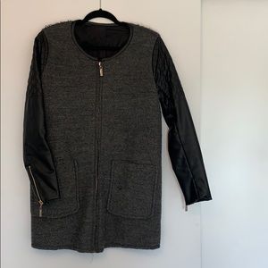 Gray Wool Coat with Faux Leather Sleeves